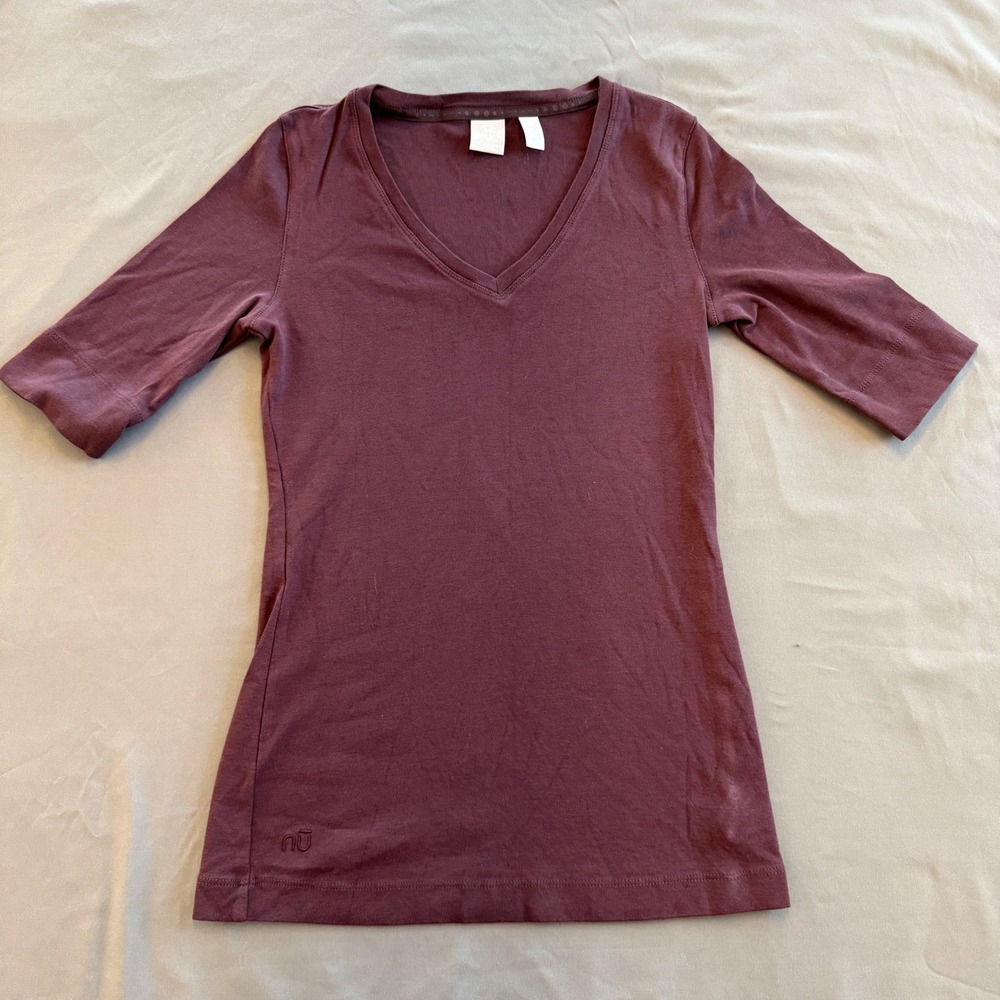 Nusport Womens Plum Burgundy 100% Cotton V-Neck Elbow Sleeve‎ Tee Shirt Size S